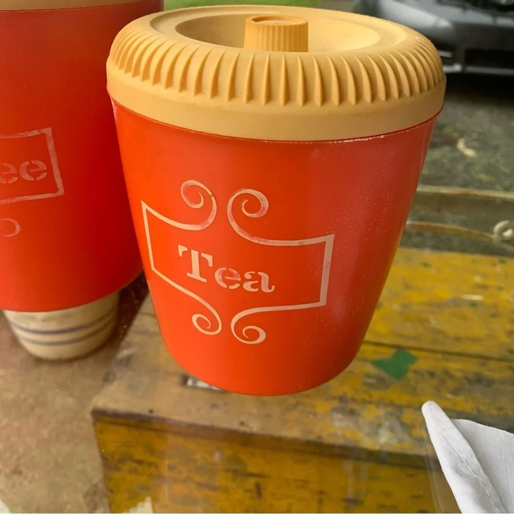 Vintage MCM Orange Tea Coffee Sugar Flour Round Cannister Set Plastic 60s 70s